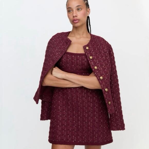Hill House The Valentina Tweed Jacket and Mini Dress set in Burgundy Sz XS - Picture 1 of 16